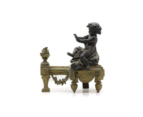 A pair of gilt bronze chenet  19th century, decorated with seated putti, 32cm wide 13cm deep 37cm high (2)Provenance: The pro