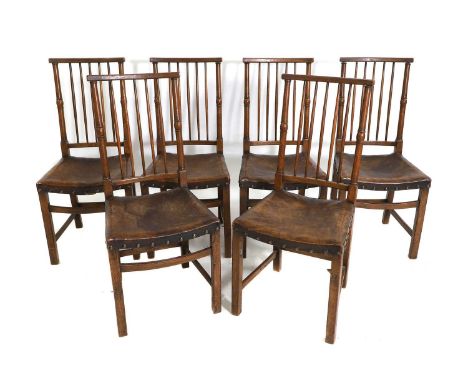 A set of six oak dining chairs, 20th century, with leather seats, 45cm wide 50cm deep97cm high, seat 46cm (6)Condition Report