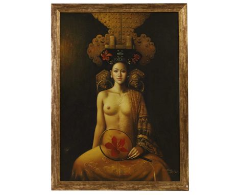 A Chinese modern oil painting,  a nude portrait of a lady, in traditional robe in the Qing Dynasty style, signed l.r. and to 