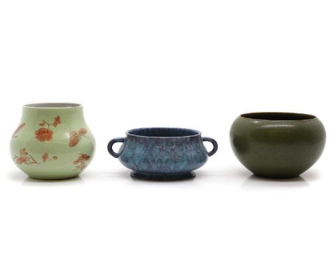 Three Chinese porcelain incense burners, 20th century, comprising one robin's egg-glazed, one tea-glazed and one celadon-glaz