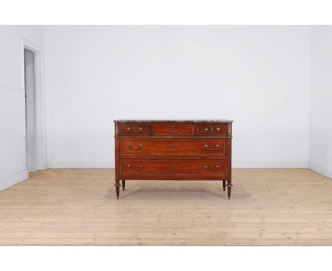 A Louis XVI cherrywood commode, c.1790, the rectangular Belgian grey Saint-Anne marble top above three short and two long gra