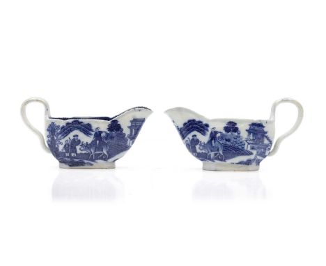 A pair of pearlware blue and white sauceboats, circa 1795, printed with chinoiserie vignettes, unmarked, 16cm wide5cm deep8.5