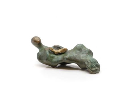 In the manner of Henry Moore, 'Mother and Child', a bronze figure with green patina, highlighted in gilt, unsigned,18cm wide6