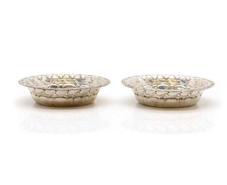 A pair of silver bowls marked Sterling, the centre with engraved initals, to a vine leaf border,15.5cm diameter6.68ozt (2)Con