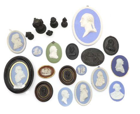 A collection of plaster plaques,  18th century and later, to include Wedgwood examples, subjects to include Nelson, Bergman, 