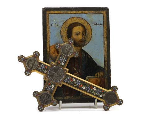 A painted wood icon of St Mark  19th century, Russian, tempera on wood, highlighted with gilt 18 x12.7cm  together with a bra