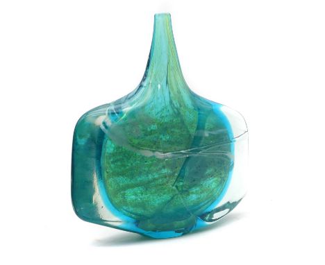 A Mdina glass 'Fish' vase dated 1974, of typical form, with mottled green and blue decoration, engraved signature 'Mdina glas