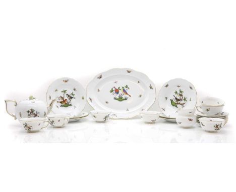 A Herend porcelain 'Rothschild Bird' pattern tea service 20th century, comprising a teapot, 15cm high, six teacups, 11cm diam