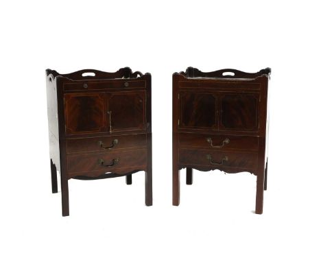 A pair of George III design commodes, the tray tops above pair of cupboards with drawer below, on square section supports53cm