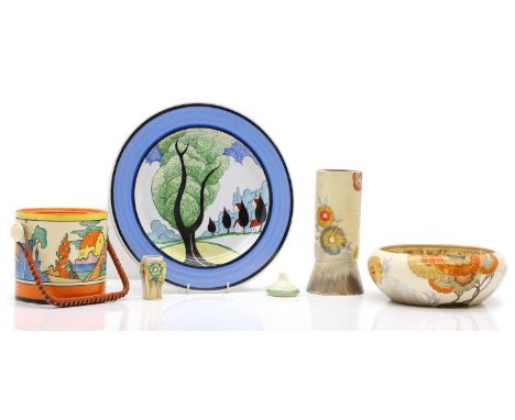 A collection of Clarice Cliff pottery, to include a Rhodanthe pattern bowl and vase, a Roof Cottage biscuit barrel (lacks cov