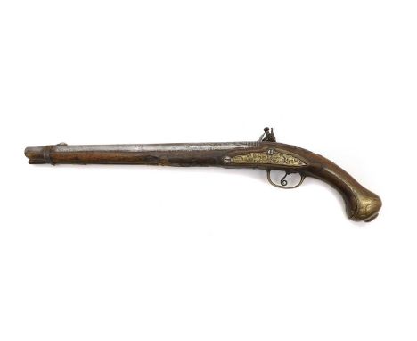 A flintlock pistol, 19th century, possibly Turkish, with later engravings, 58cm long Condition ReportKnocks and wear. Some ch