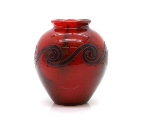 An Art Deco Legras glass vase c.1930, of shouldered form, acid etched and enamelled with swirled motifs to a mottled red grou