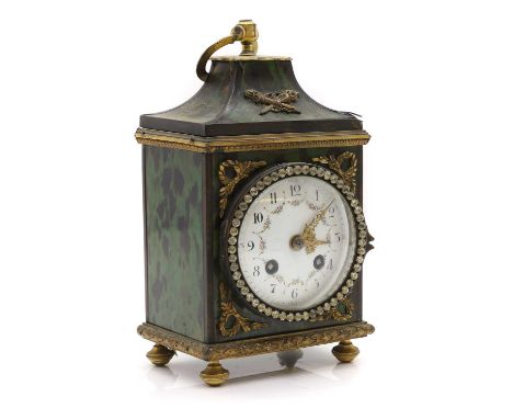 A green tortoiseshell clock  late 19th century, French, the white enamel dial with arabic numerals encopassed by a jewelled b