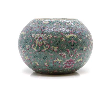 A Chinese famille rose pot, 20th century, of globular form, painted with bats among scrolling lotus against a green ground, 3