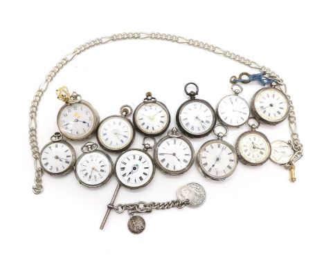 A group of twelve silver pocket and fob watches comprising two with chains, to include mostly Swiss examples, marked 935, the