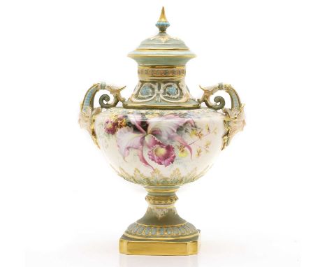 A Royal Worcester porcelain twin-handled vase and cover, early 20th century, model 1572, painted with floral sprays, printed 