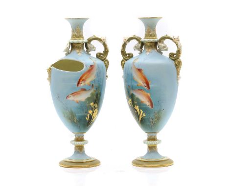 A pair Royal Worcester porcelain twin-handled vases decorated by Harry Davis, 1906, painted with fish, printed marks, no. 437