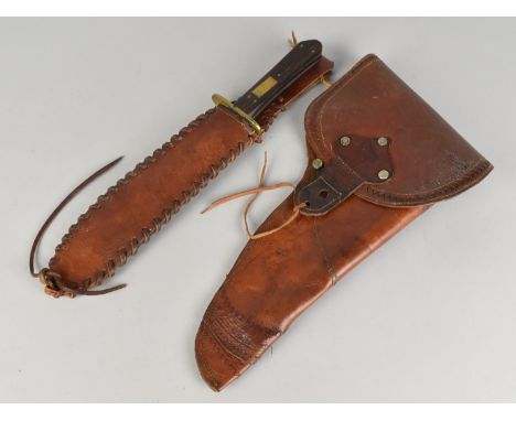 A Vintage Wooden handle Hunting Knife by Abram Brooksbank, Sheffield, In Leather Scabbard together with a Vintage Leather Pis