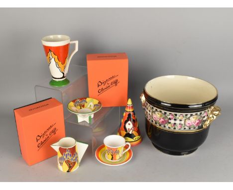 Five Pieces of 'Clarice Cliff' Design Ceramics to Comprise Boxed Wedgwood Bizarre Jug and Pedestal Bowl, Emily James Horizon'