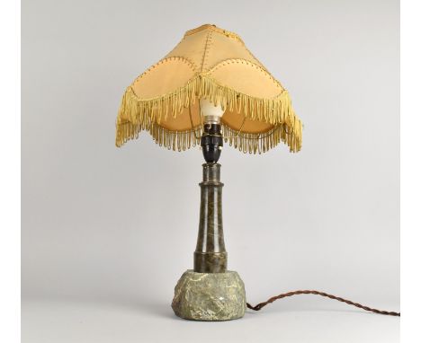 A Vintage Serpentine Marble Novelty Table Lamp and Shade in the Form of a Lighthouse, 47cms High