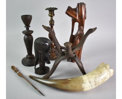 A Collection of Various Treen to include African Mask, Candlestick, Modern Art Sculpture, together with a Cow Horn