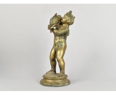 A 19th Century Italian Gilt Bronze Study of Putto Carrying Dolphin, Condition Issues, 26cms High