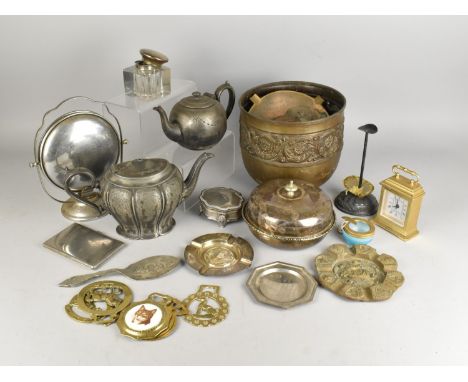 A Collection of Various Metalwares to Comprise Silver and Glass Inkwell (AF), Silver Plated Items, Horse Brass, Pewter Teapot