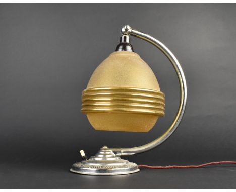 An Art Deco Chrome Table Lamp with Amber Glass Shade, 26cms High