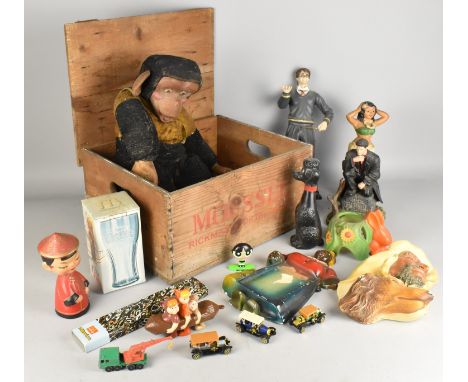 A Vintage Pine Crate Containing Various Vintage Items to Comprise Zippy Monkey, Mcdonalds Millennium watch, Nodding Figures e