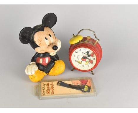 A Vintage Seated Mickey Mouse Figure, Alarm Clock for Restoration and a Winnie The Pooh Wrist Watch (Various Condition)
