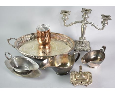A Collection of Various Silver Plate to include Oval Two Handled Tray, Three Branch Candelabra, Three Sauce Boats