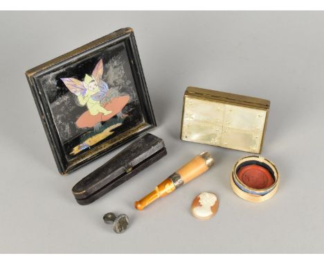 A Collection of Various Curios to include Wax Seal, Carved Cameo, Cased Cheroot Holder, Compact and Iridescent Butterfly Wing