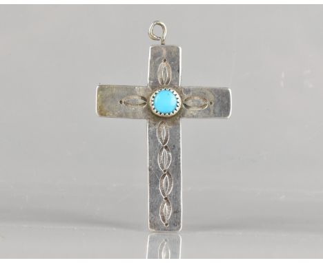A White Metal Native American Cross Pendant with Central Turquoise Cabochon, 6.4mm Diameter, Stamped Decoration, Signed Verso