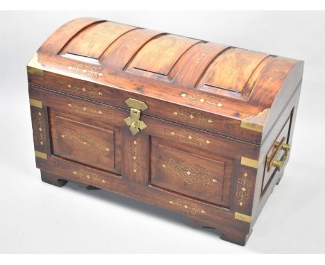 A Modern Far Eastern Brass Inlaid Hardwood Arched Top Trunk with Panelled Lid and Sides, Brass Carrying Handles and Mounts, 6