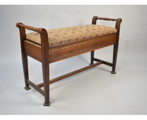 A Vintage Oak Framed Window Seat with Hinged Tapestry Upholstered Pad, 97cms Wide