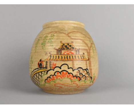 An Art Deco Bewley Pottery Vase with Chinoiserie Design Detailing Pagoda and Lantern, 16cm high