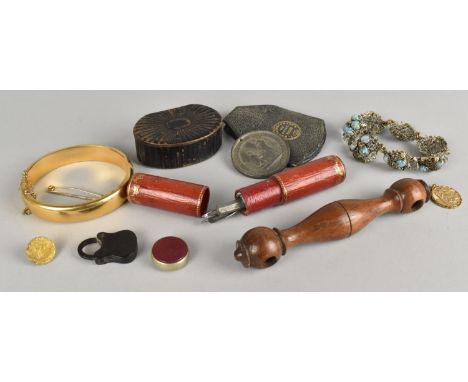 A Collection of Various Curios to include Snuff Box with Hinged Lid, White Metal Mounted Spinning Fob with Bloodstone and Car