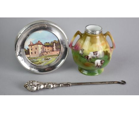 Three Silver Mounted Items to include Two Handled Vase, Small Button Hook and Circular Photo Frame