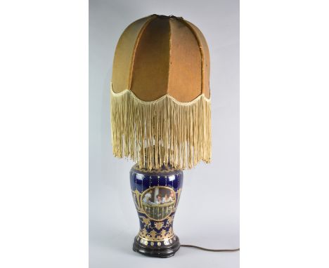 An Edwardian Continental Vase Shaped Porcelain Table Lamp Decorated in Cobalt Blue and Gilt with Coloured Cartouches Depictin
