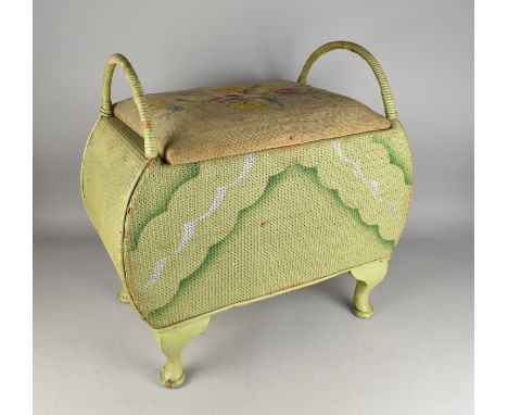 A Mid Century Green Painted Wicker Storage Stool with Tapestry Seat and Loop Handles, 57x34x58cm high