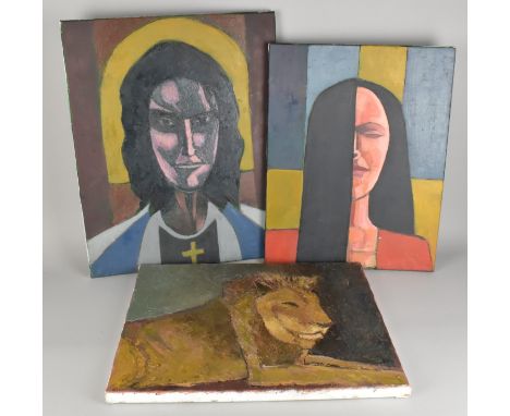 Three Naive Style Oil Paintings on Canvas, Lion, Cubist Style Female Portrait and Priest, 41x51cm
