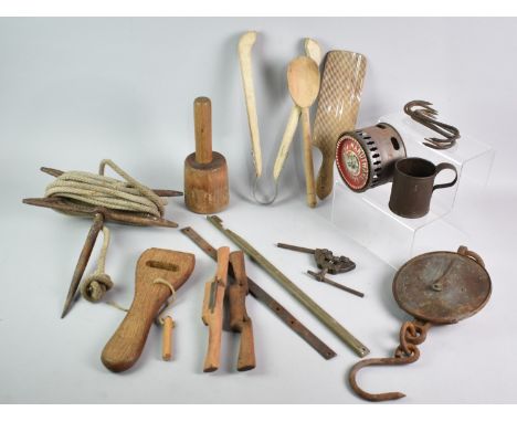 A Collection of Vintage Tools, Mallet, Spring Balance, S Hooks Etc