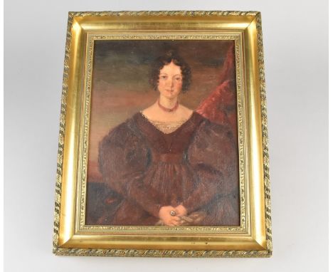 A 19th Century Gilt Framed Oil on Board, Half Length Portrait of Seated Maiden, 21x27cms