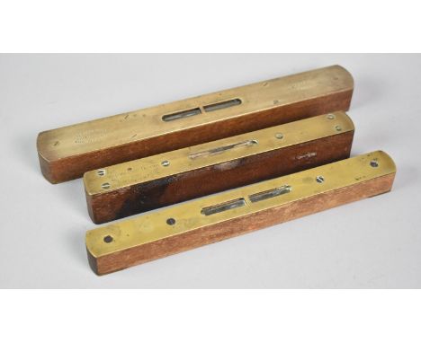A Collection of Three Vintage Brass Mounted Spirit Levels to include Lovatt and Rabone, 25cms Long