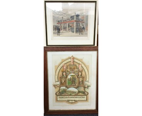 A framed and glazed lithograph by Goodall &amp; Suddick of Leeds entitled, 'Associated Society of Locomotive Engineers and Fi