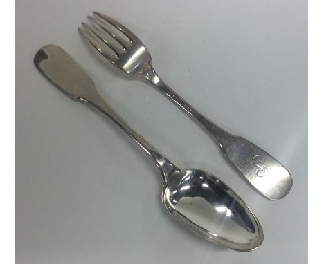 A French silver fiddle pattern fork together with matching spoon. Approx. 149 grams. Est. £80 - £120.