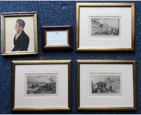 A selection of framed and glazed Allom and Thomas prints depicting architectural buildings together with a framed invitation 