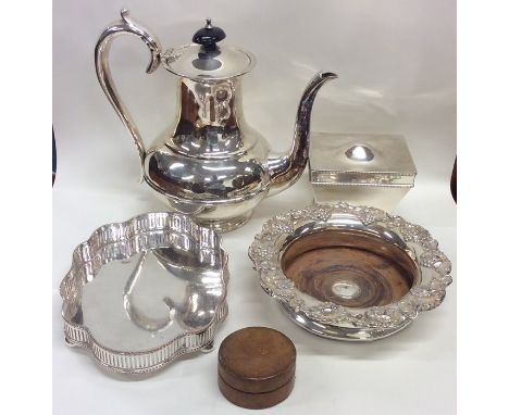 A silver plated water pot, coaster, tea caddy etc. Est. £20 - £30.