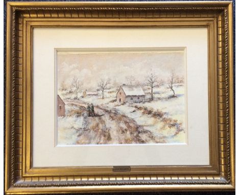 LÉLIA PISSARRO (b. 1963): A gilt framed and glazed pastel depicting figures by cottages in Winter with snow. Inscribed verso,