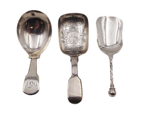 Three silver caddy spoons, comprising George III Fiddle pattern example, William IV Fiddle pattern example with later engrave